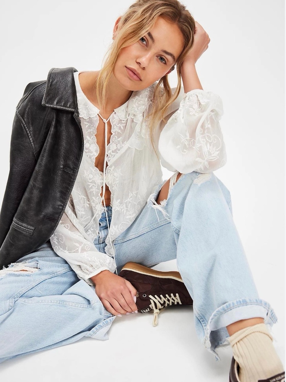 Free People Dreamer Girl Embroidered Blouse